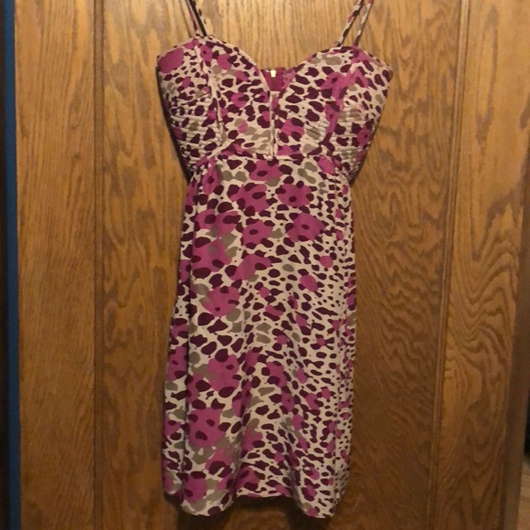 Parker Silk Print Dress Maroon and Tan Small - Picture 2 of 8